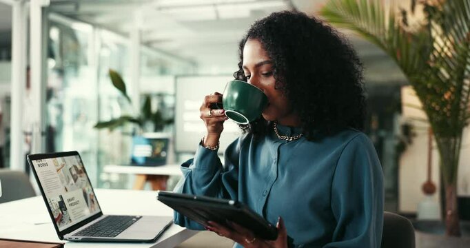 Research, coffee and woman with tablet, creative and proofreading of article, newsroom and relax. Reading, journalist and tech for editing of story, calm and person in morning, drinking and office