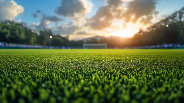 Vibrant green soccer field at sunset, perfect setting for a thrilling match
