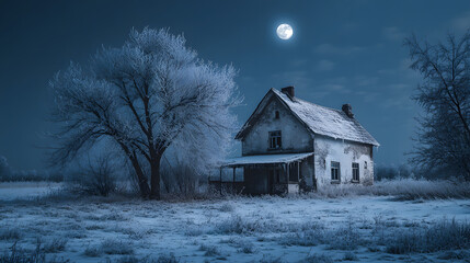 An Enchanting Scene of a Chilling Frost Embracing an Abandoned House in the Mystical Countryside at Night