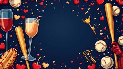 A vibrant design featuring sports equipment, drinks, and hearts, celebrating leisure and fun.