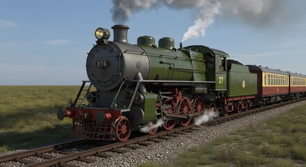 Fototapeta premium Vintage Steam Train Traveling Through Countryside on a Sunny Day