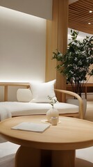 Fototapeta premium A cozy Japandi reading nook with neutral-colored pillows and a framed blank canvas.