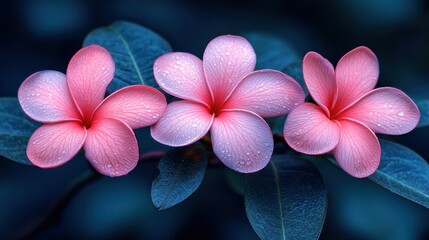 Three Pink Plumeria Flowers with Dew Drops
