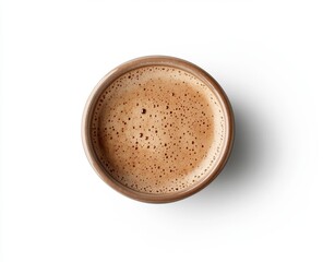 Overhead view of a light brown coffee cup filled with coffee