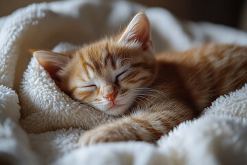 Cat is sleeping on a white blanket. The cat is curled up and has its eyes closed