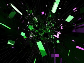 Abstract Glitch Art: A vibrant and chaotic explosion of green and purple geometric shapes against a...