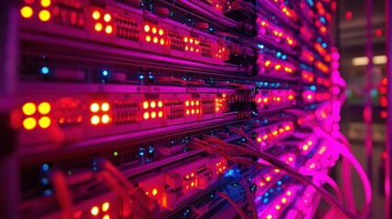 Fototapeta premium Server room lights illuminate network hardware