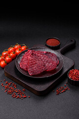 Dried beef slices, jerky, with cherry or plum flavor, salt and spices