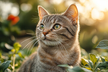 Cat is sitting in a field of green grass. The cat is looking at the camera with a curious expression