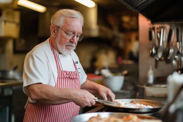 Chef cooking in a kitchen with an apron, showcasing culinary skills and food preparation expertise