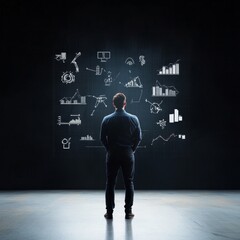 Businessman Analyzing Data Charts and Graphs in Dark Office Environment with Futuristic Visualizations of Financial Information and Market Trends