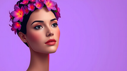 Naklejka premium An INTERNATIONAL WOMEN'S DAY portrait of a woman wearing a crown of vibrant flowers in various shades of purple, pink, and red. Women's Day Tribute, with Copy Space for text & editing , 8 March 2025