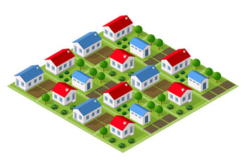 Suburban sprawl: identical houses filling the landscape in an isometric view