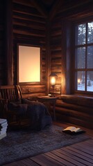 Fototapeta premium A cozy reading spot in a rustic wooden cabin, with soft lighting and a blank frame.