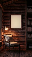 Fototapeta premium A cozy reading spot in a rustic wooden cabin, with soft lighting and a blank frame.