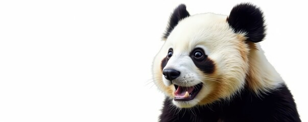Close-up of a panda's expressive face, pure white backdrop, studio shot, black and white, portrait
