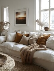 A cozy Scandinavian living room with white walls, light wood flooring, and a white frame above the sofa