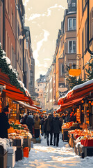 Obraz premium Winter Market Street: Festive Vendors and Colorful Stalls in a Cozy City with Delicious Oranges, Artisanal Goods, and Illuminated Holiday Lights Creating a Bustling Community Atmosphere