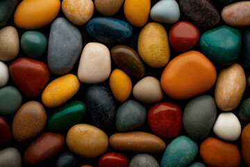 Colorful pebbles and stones arranged closely together, showcasing various shapes and textures. vibrant hues create visually appealing and calming natural display