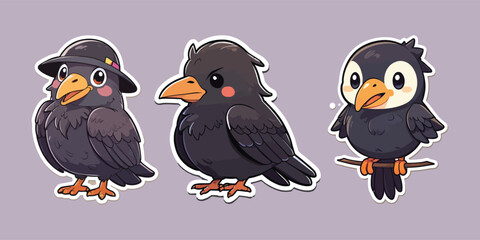 Cute Crow Stickers Cartoon Vector Icon Illustration