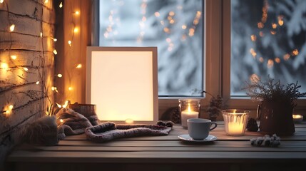 A cozy winter cabin-inspired dining setup with warm lighting and a blank white frame.