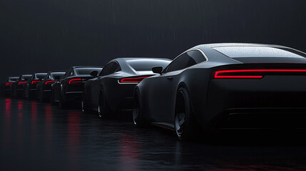 Fototapeta premium Sleek black cars line up in the rain, their tail lights reflecting on the wet pavement creating a modern, mysterious scene. #automotive #design #night
