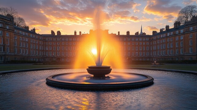 Golden Hour at the Fountain: A Serene Sunset over Cambridge's Historic Architecture - Powered by Adobe