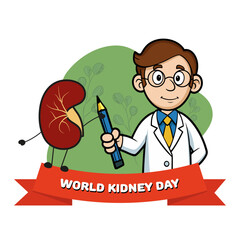 World kidney day awareness. Kidney cartoon with doctor