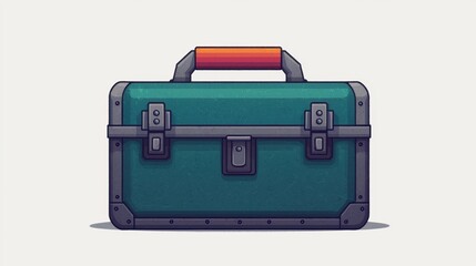 A stylized toolbox with a green body and red handle, featuring metal clasps, ideal for carrying tools and equipment.