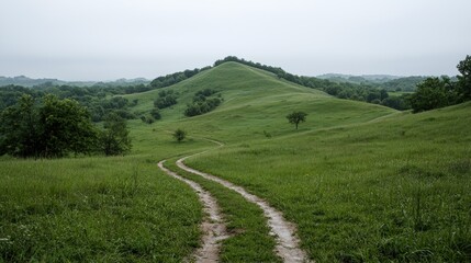 Obraz premium Winding path through grassy hills on a cloudy day