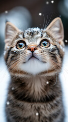 Fototapeta premium Cat with snow on its face is staring at the camera. The image has a playful and curious mood, as the cat seems to be enjoying the snow and the attention it is receiving from the camera