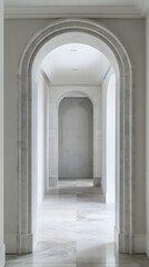 A curved marble archway leading into a luxury room, featuring a white frame.