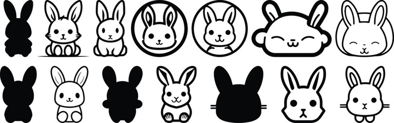 Rabbit silhouettes set, animal pack of vector silhouette design, isolated background