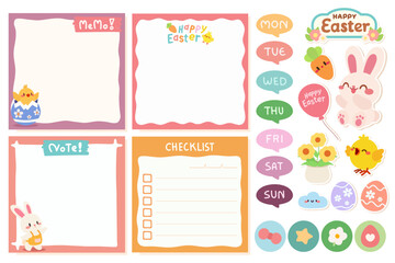 Cute Easter Planner and Stickers Set for Organization. A colorful Easter themed planner set featuring memo pads, checklists, and adorable stickers with bunnies, chicks, and festive decorations.