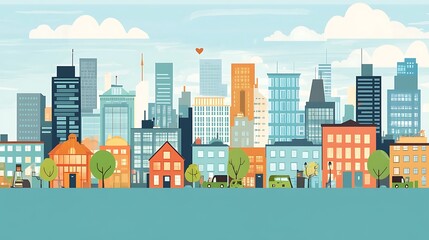 Cityscape illustration featuring modern buildings and residential areas