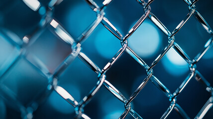 Fototapeta premium Shiny metal chain link fence with blurred blue background, creating modern and industrial feel