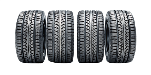 Set of Four Black Car Tires isolated on white background as transparent. PNG. AI GENERATED