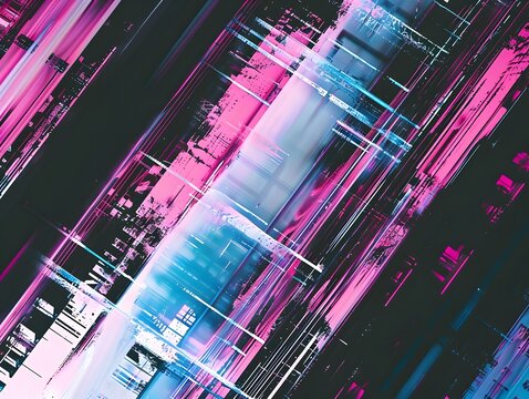 Digital Glitch Art: Abstract digital glitch art with bold pink, blue, and white lines, creating a dynamic and mesmerizing pattern, evoking a sense of technological disruption and digital noise.