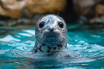 Seal is looking at the camera with its eyes wide open. The water is blue and the seal is surrounded by a lot of debris