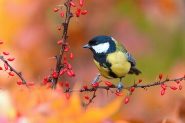 A great tit sits on a twi with red berries.    Parus major. A colorful titmouse in the nature habitat. 