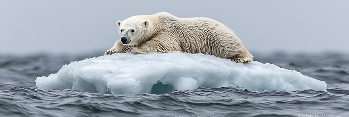 Lone polar bear on a shrinking iceberg surrounded by warming oceans