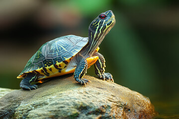 Small turtle is standing on a rock. The turtle is yellow and black. The turtle is looking up at the camera