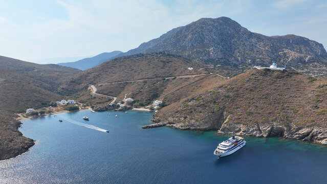 Aerial drone photo of Keramidou beach of Thimena island untouched by tourism next to Fourni island, North Aegean sea, Greece