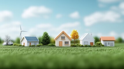 A Row of Charming Miniature Houses with Eco-Friendly Features Set Against a Bright Sky and Lush Green Lawn for Sustainable Living Concepts and Designs