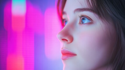 woman's face with neon lights background
