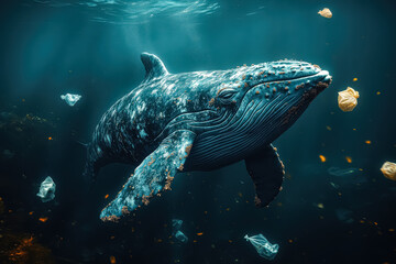 Fototapeta premium Whale is swimming in the ocean with plastic bags floating around it. The scene is a reminder of the impact of plastic pollution on marine life