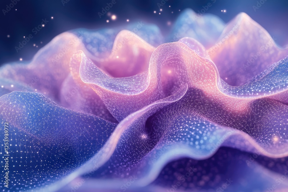 Wall mural abstract 3d rendering of a flowing, purple and blue fabric-like structure with glowing particles.