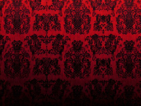 Fototapeta Damask Elegance: A rich tapestry of black damask pattern on a deep crimson background. The intricate design evokes a sense of timeless elegance and sophistication.