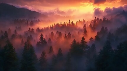 Naklejka premium Pine Forest Enveloped in Fog During Peaceful Sunrise
