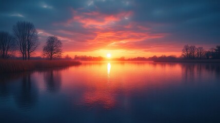 Obraz premium Fiery Sunset Over a Calm Reflective Lake